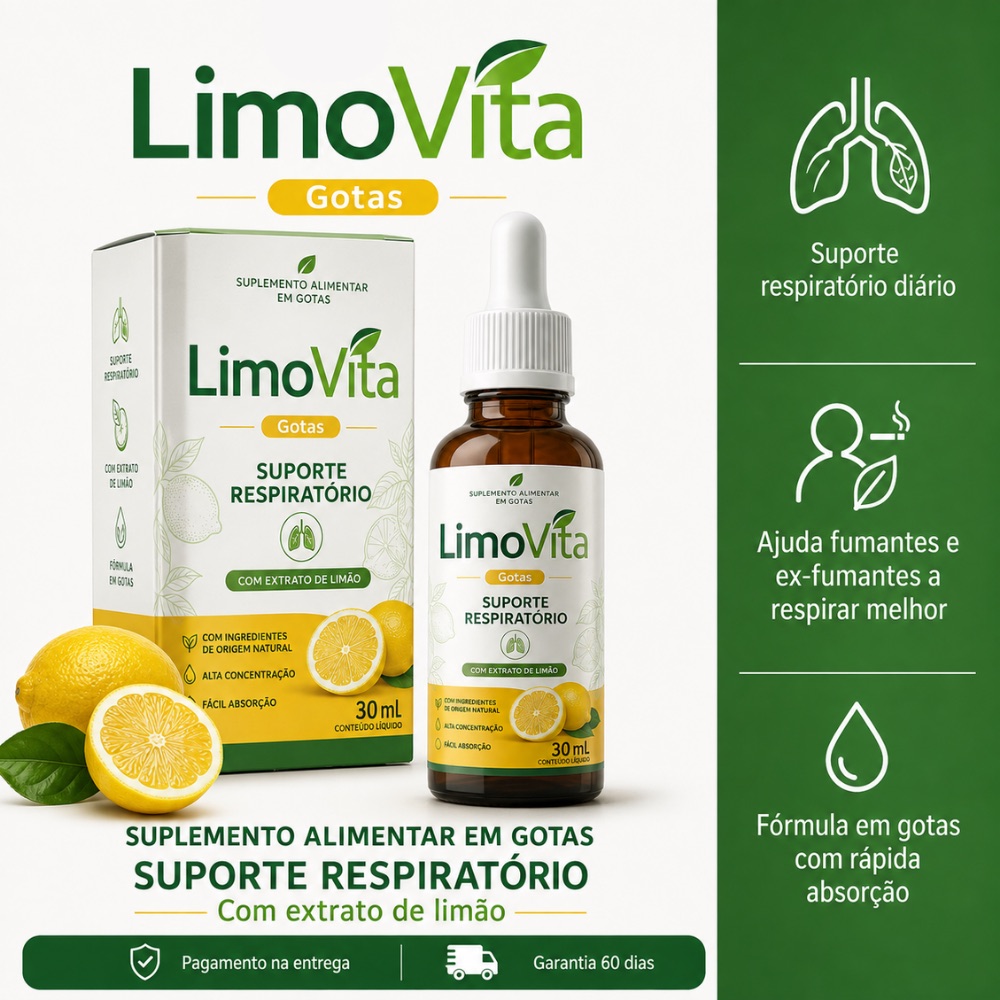 Embalagem e frasco do LimoVita Gotas, suporte respiratório com extrato de limão, 30 ml